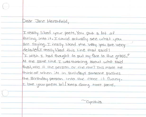 Dear Jane Hirshfield from Cynthia