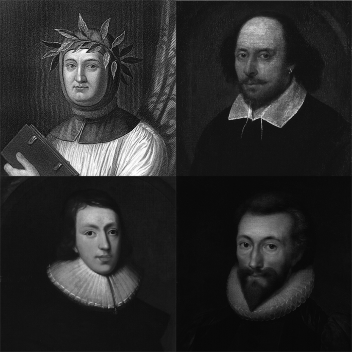 Left to right: Petrarch, Shakespeare, Milton, Donne